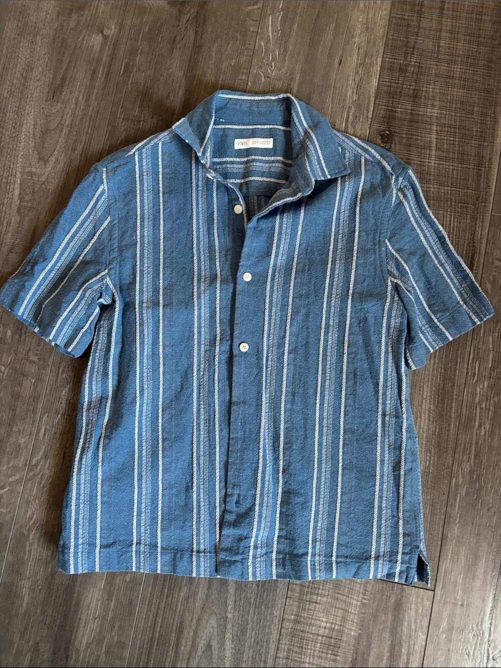 Zara Blue and White Vertical-Stripe Short-Sleeve Button-Down Shirt
